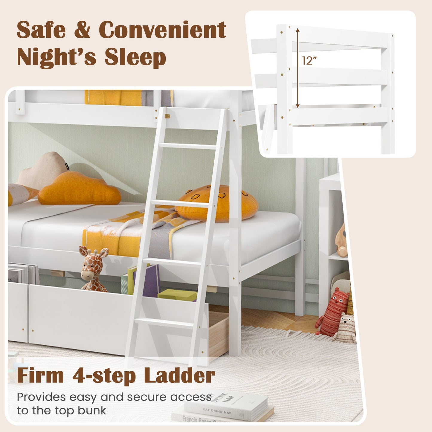 Space-Saving Twin Over Twin Bunk Bed with Storage Drawers and Ladder - White