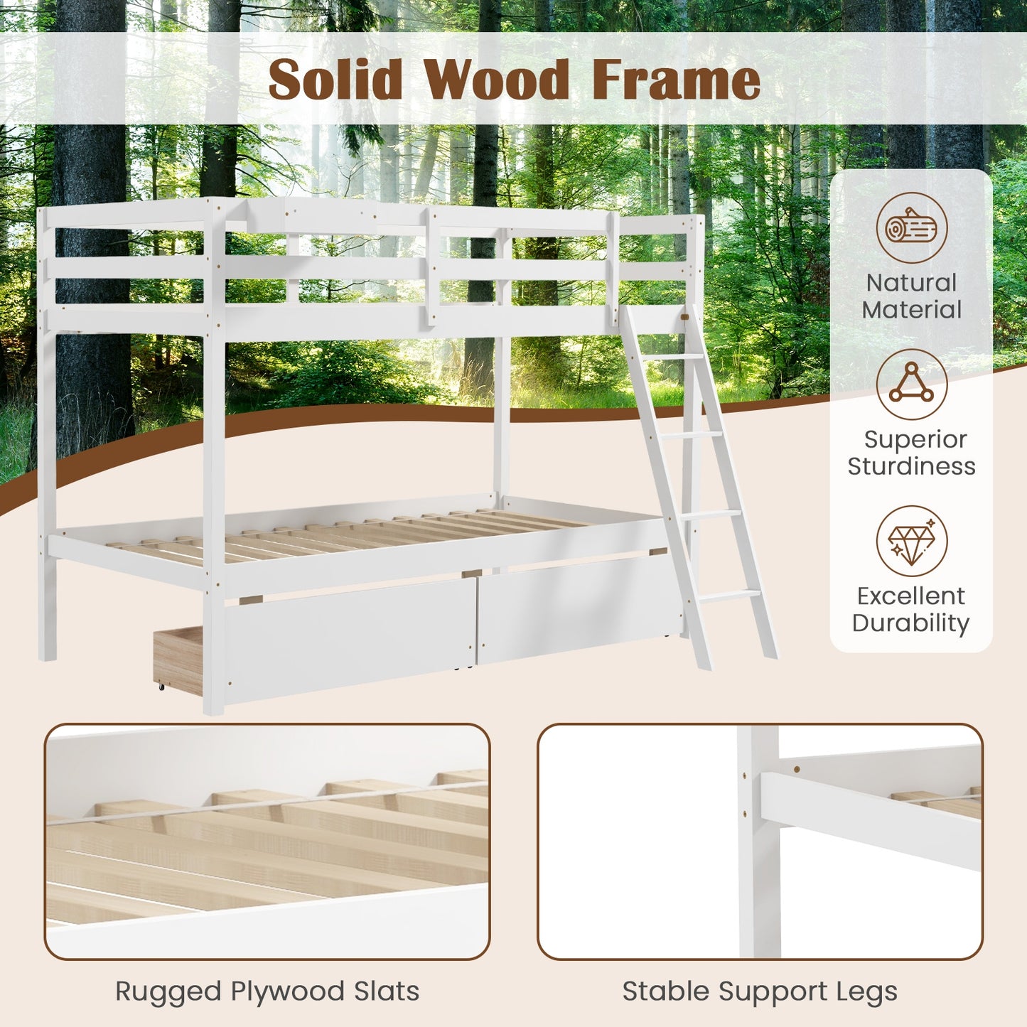 Space-Saving Twin Over Twin Bunk Bed with Storage Drawers and Ladder - White