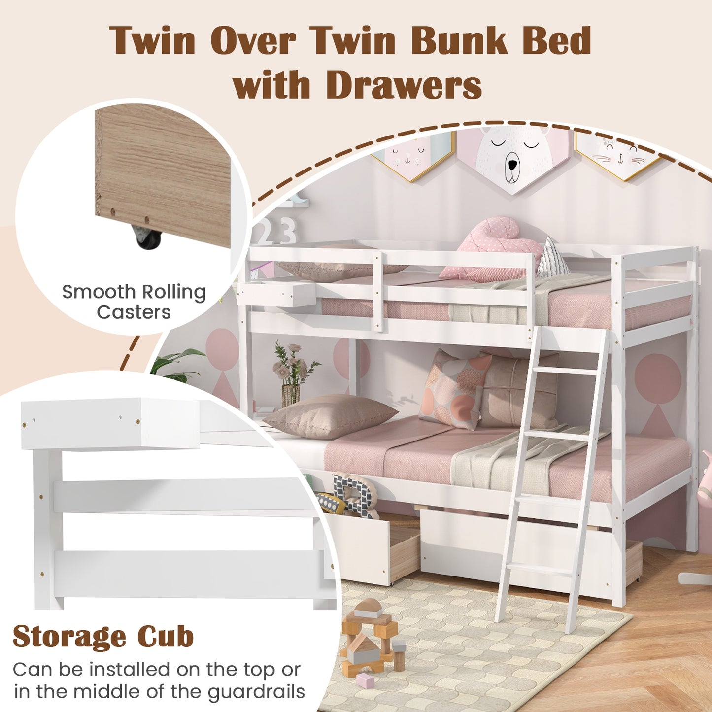 Space-Saving Twin Over Twin Bunk Bed with Storage Drawers and Ladder - White