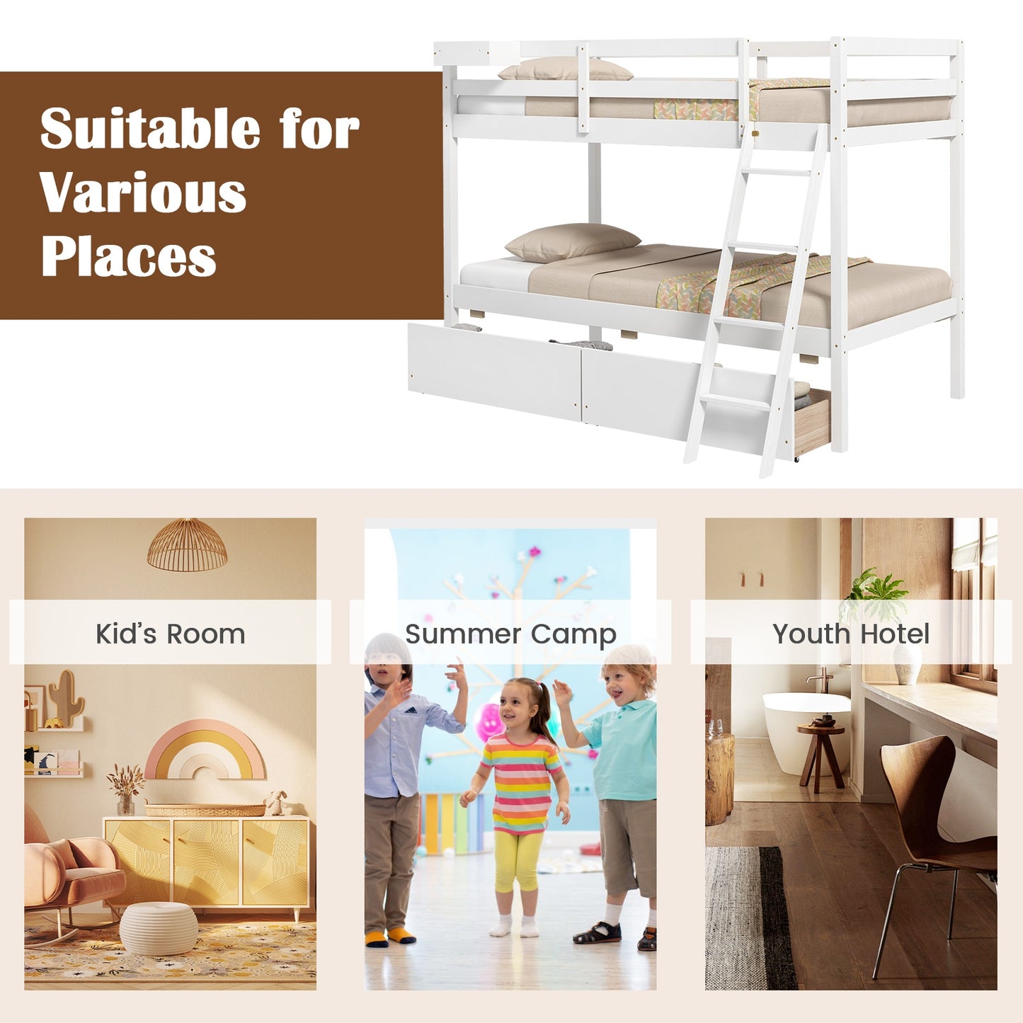 Space-Saving Twin Over Twin Bunk Bed with Storage Drawers and Ladder - White