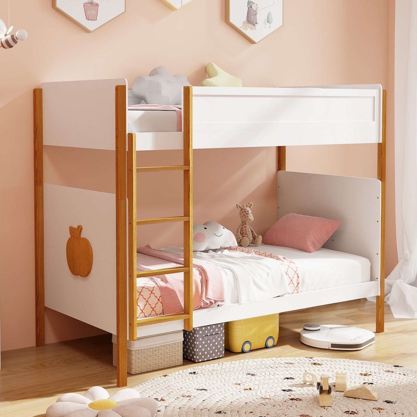 Solid Wood Twin Over Twin Bunk Bed with Safety Guardrails and Ladder
