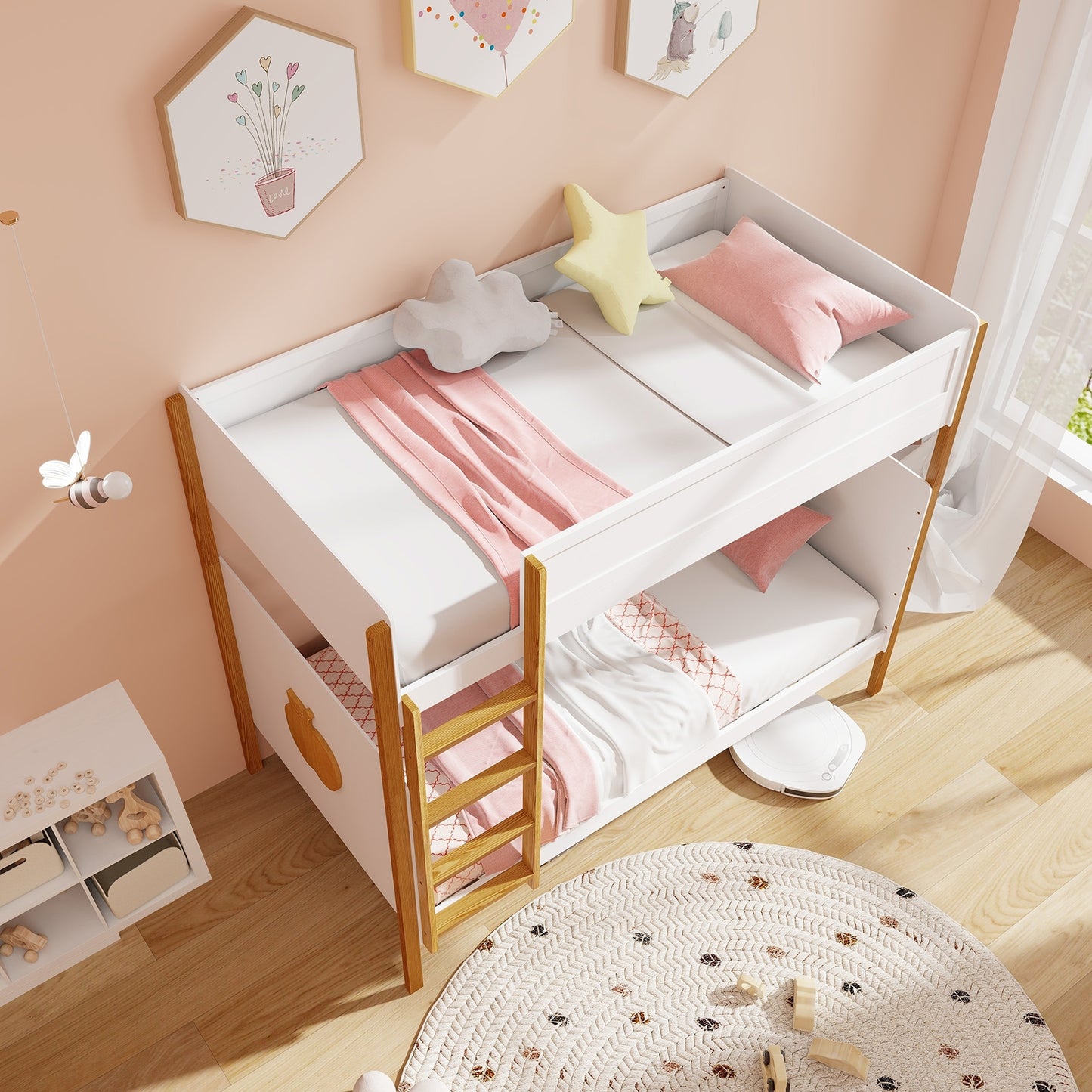 Solid Wood Twin Over Twin Bunk Bed with Safety Guardrails and Ladder