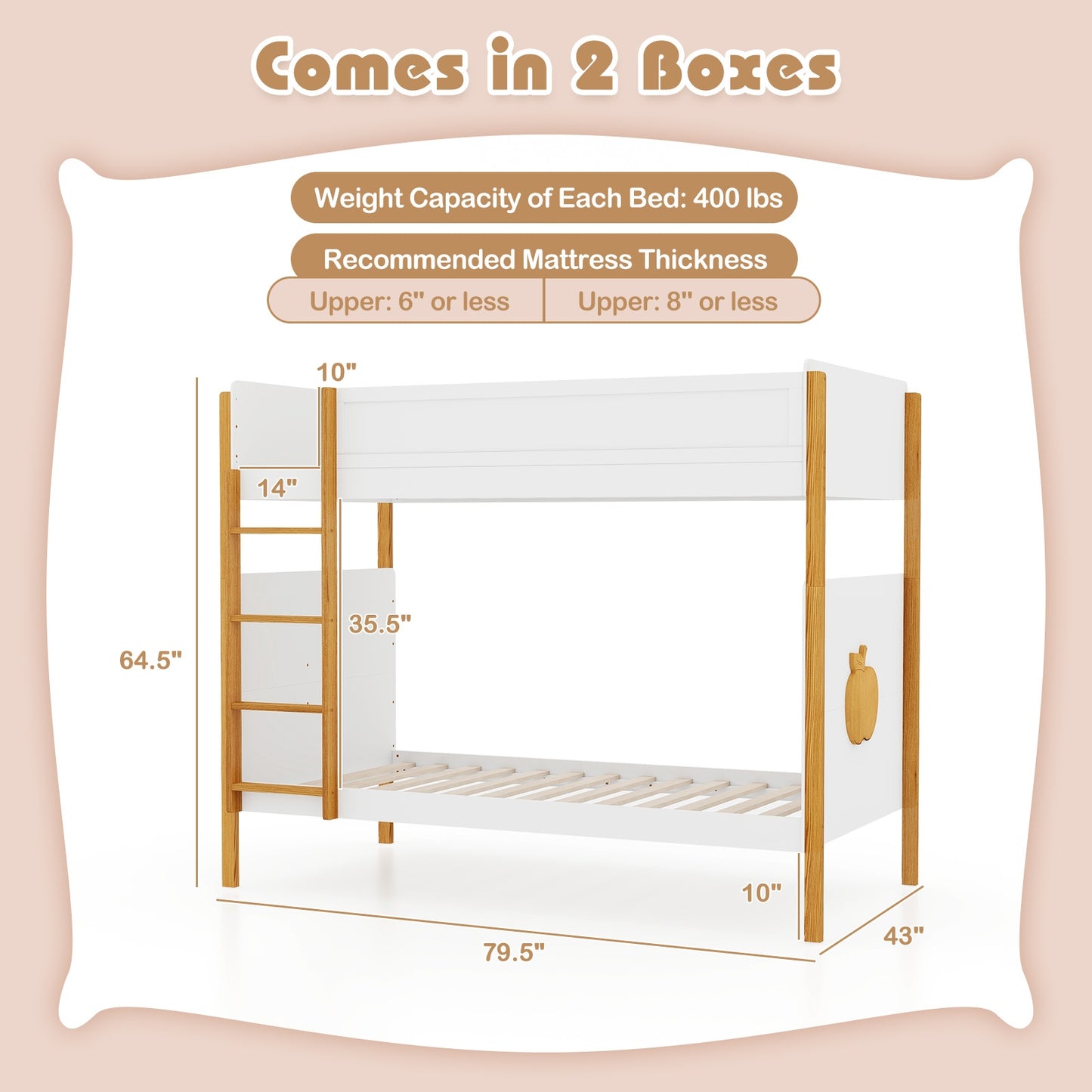 Solid Wood Twin Over Twin Bunk Bed with Safety Guardrails and Ladder