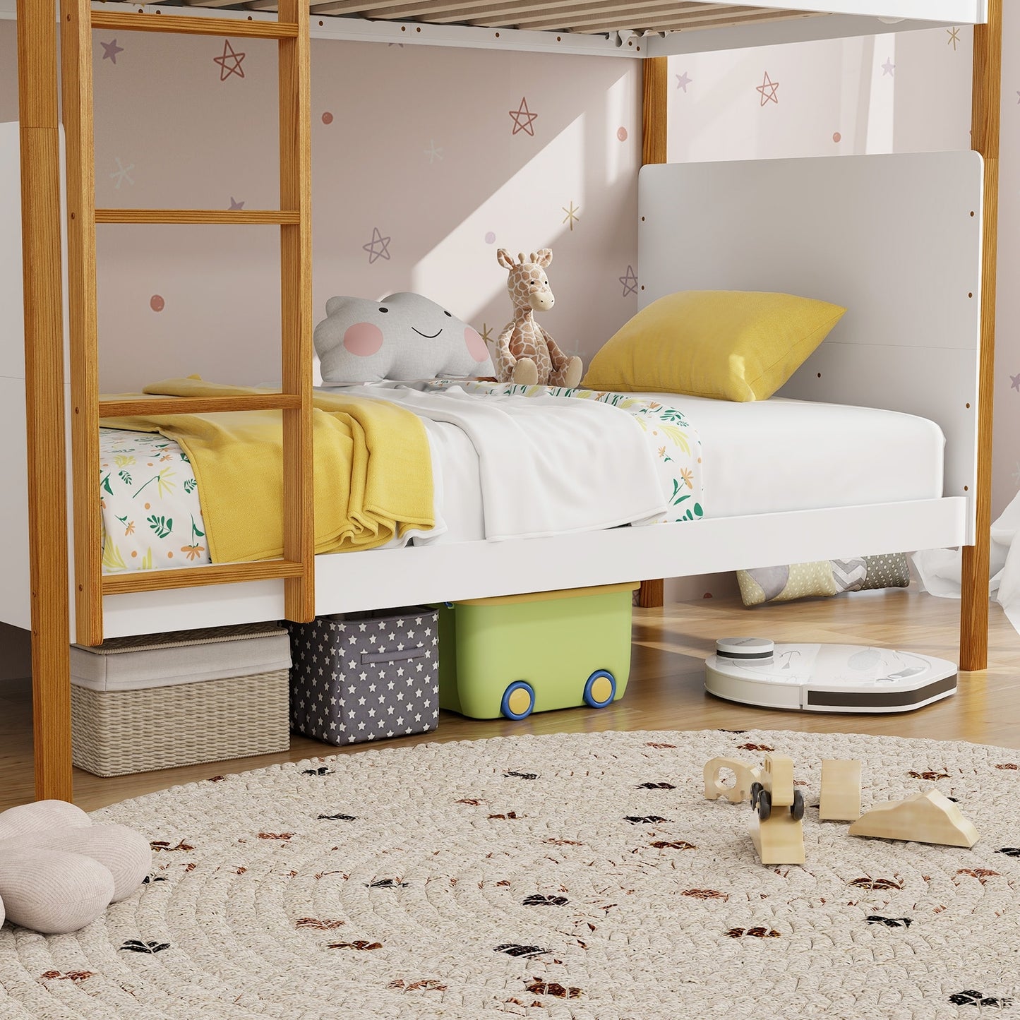 Solid Wood Twin Over Twin Bunk Bed with Safety Guardrails and Ladder