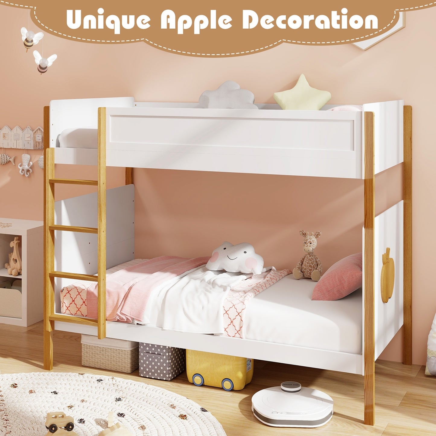 Solid Wood Twin Over Twin Bunk Bed with Safety Guardrails and Ladder