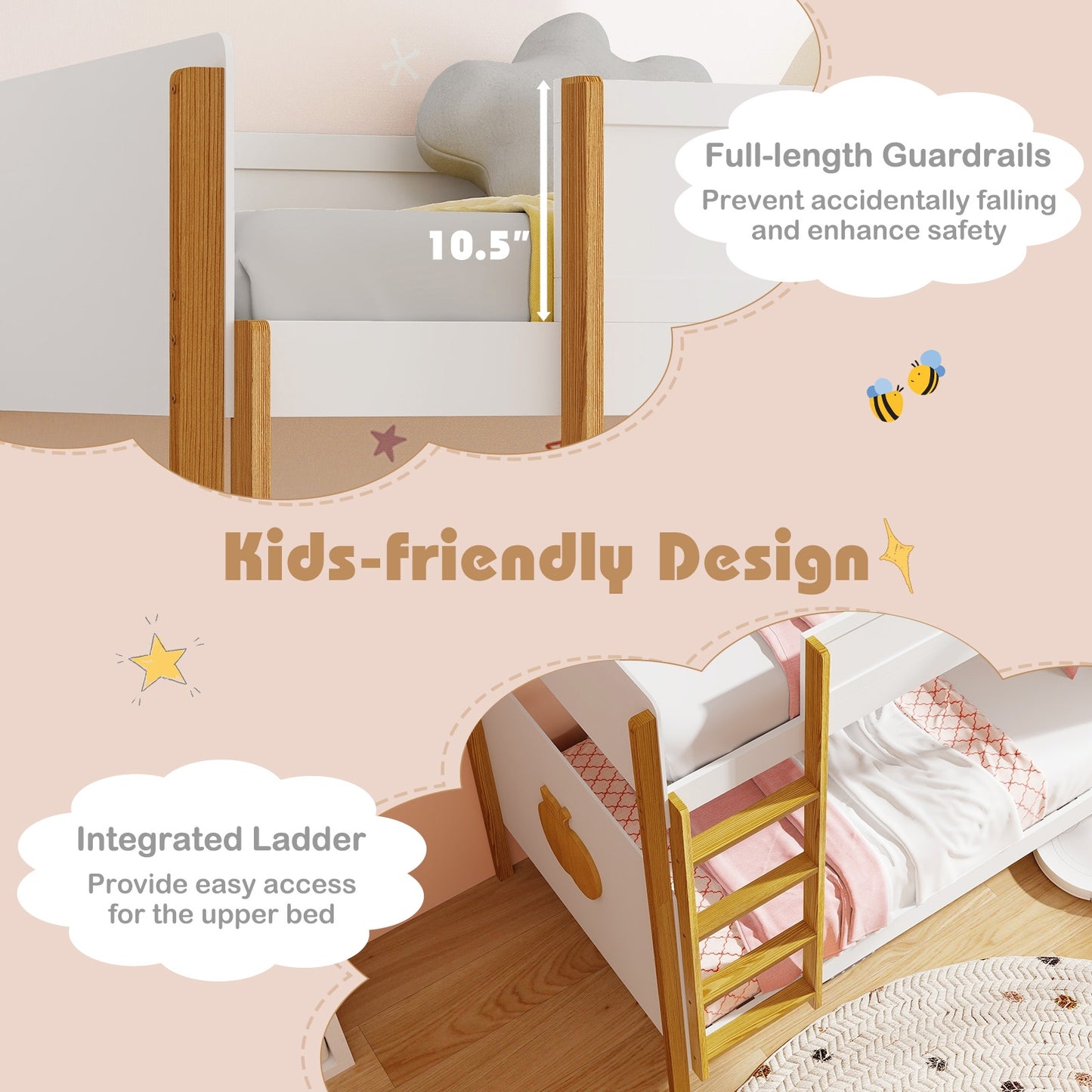 Solid Wood Twin Over Twin Bunk Bed with Safety Guardrails and Ladder
