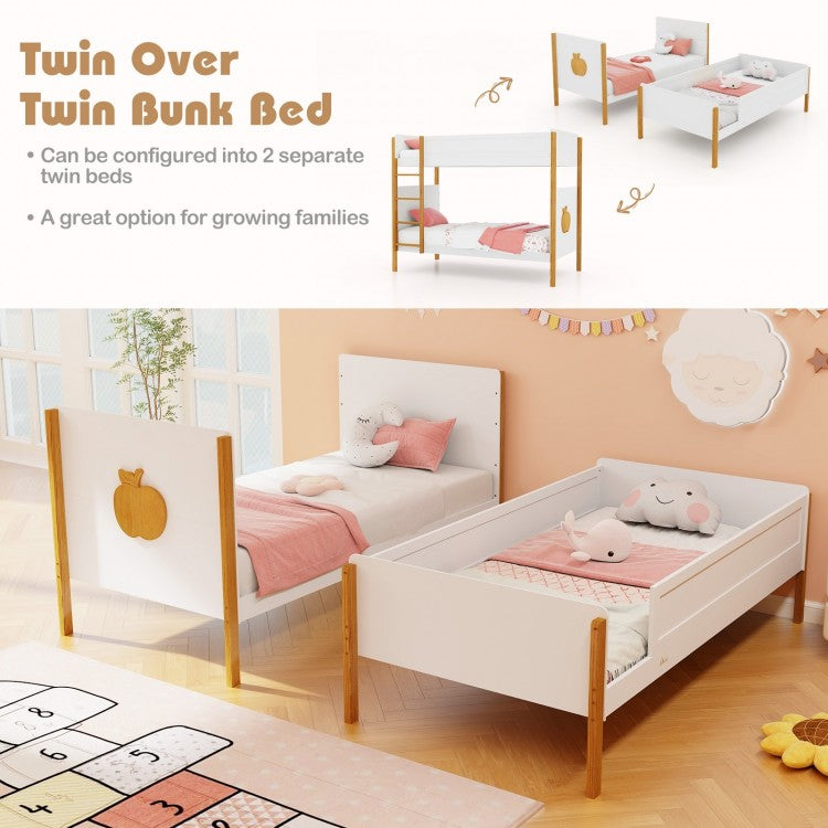 Solid Wood Twin Over Twin Bunk Bed with Safety Guardrails and Ladder