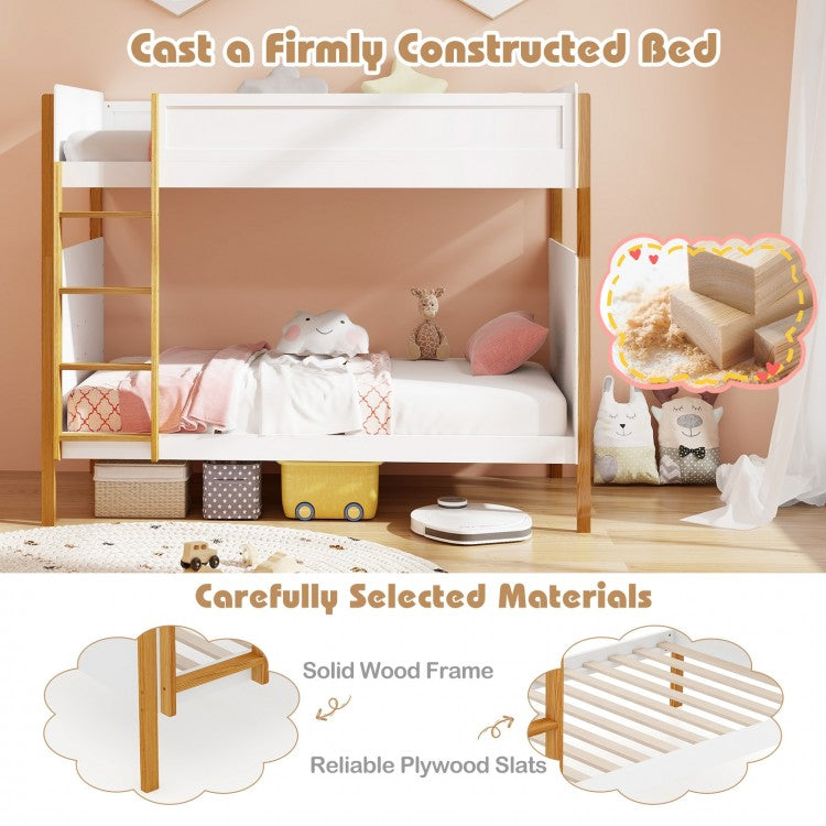 Solid Wood Twin Over Twin Bunk Bed with Safety Guardrails and Ladder