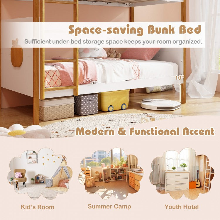 Solid Wood Twin Over Twin Bunk Bed with Safety Guardrails and Ladder