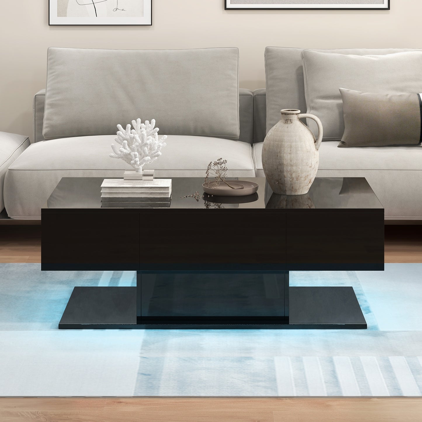 LED Coffee Table with 20 Color Light Modes, High Gloss Finish, 2 Storage Drawers and Open Shelf - Black