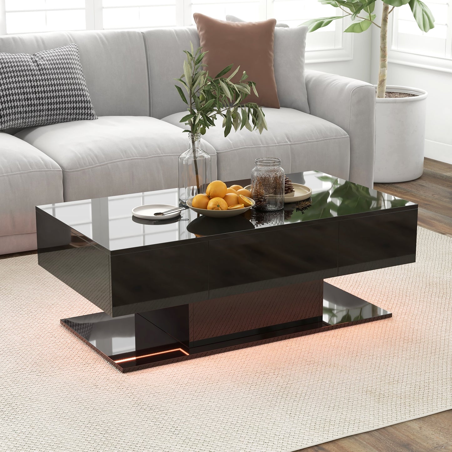 LED Coffee Table with 20 Color Light Modes, High Gloss Finish, 2 Storage Drawers and Open Shelf - Black