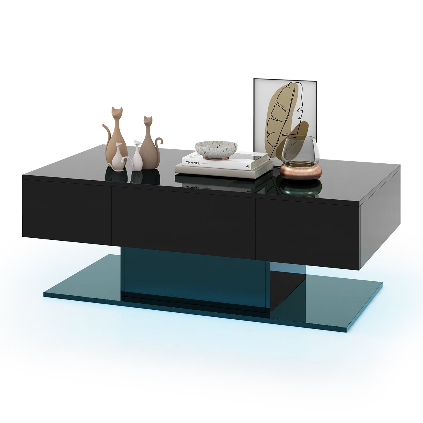 LED Coffee Table with 20 Color Light Modes, High Gloss Finish, 2 Storage Drawers and Open Shelf - Black