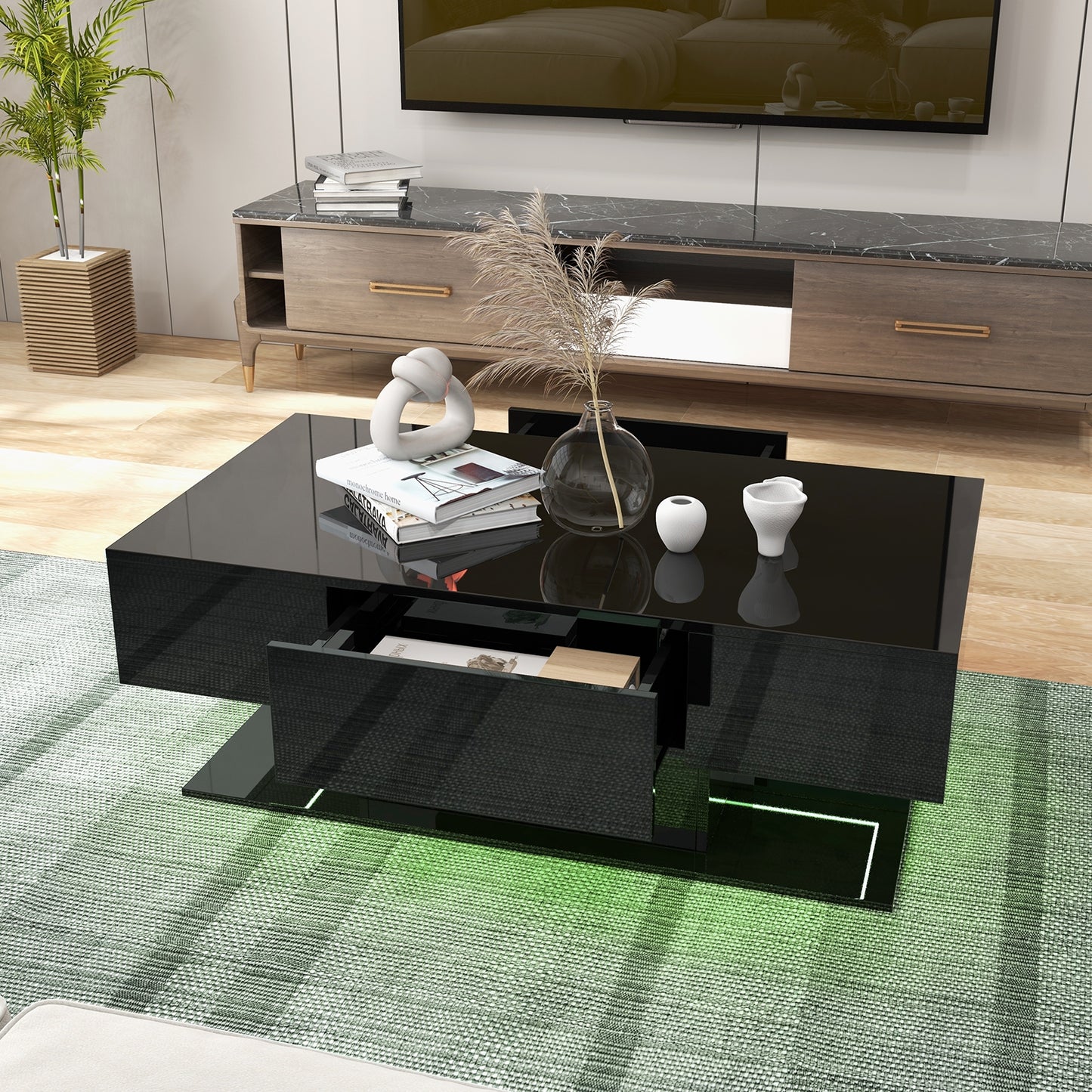 LED Coffee Table with 20 Color Light Modes, High Gloss Finish, 2 Storage Drawers and Open Shelf - Black