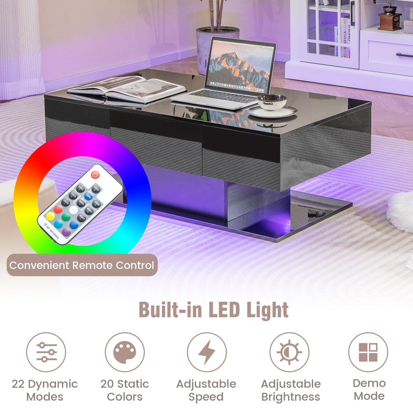 LED Coffee Table with 20 Color Light Modes, High Gloss Finish, 2 Storage Drawers and Open Shelf - Black