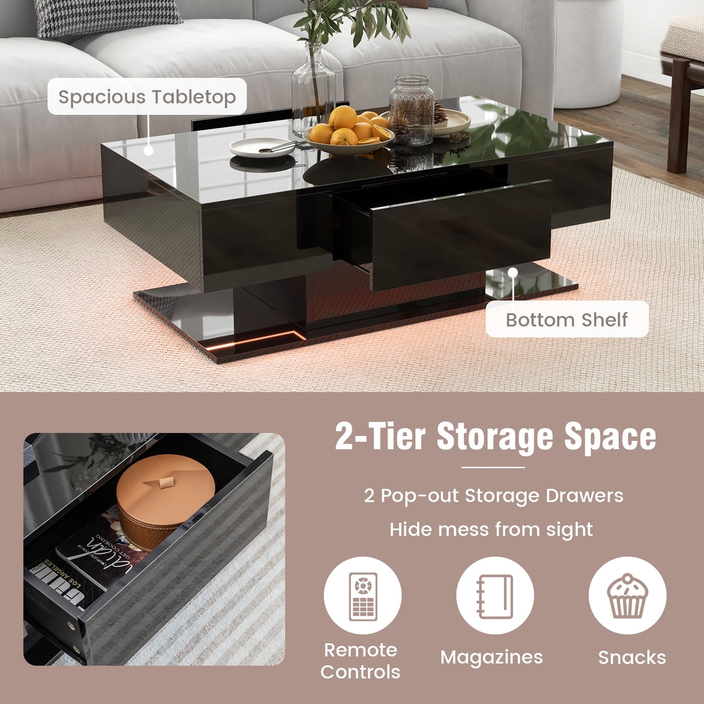 LED Coffee Table with 20 Color Light Modes, High Gloss Finish, 2 Storage Drawers and Open Shelf - Black