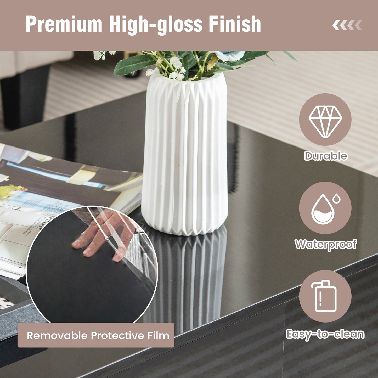 LED Coffee Table with 20 Color Light Modes, High Gloss Finish, 2 Storage Drawers and Open Shelf - Black