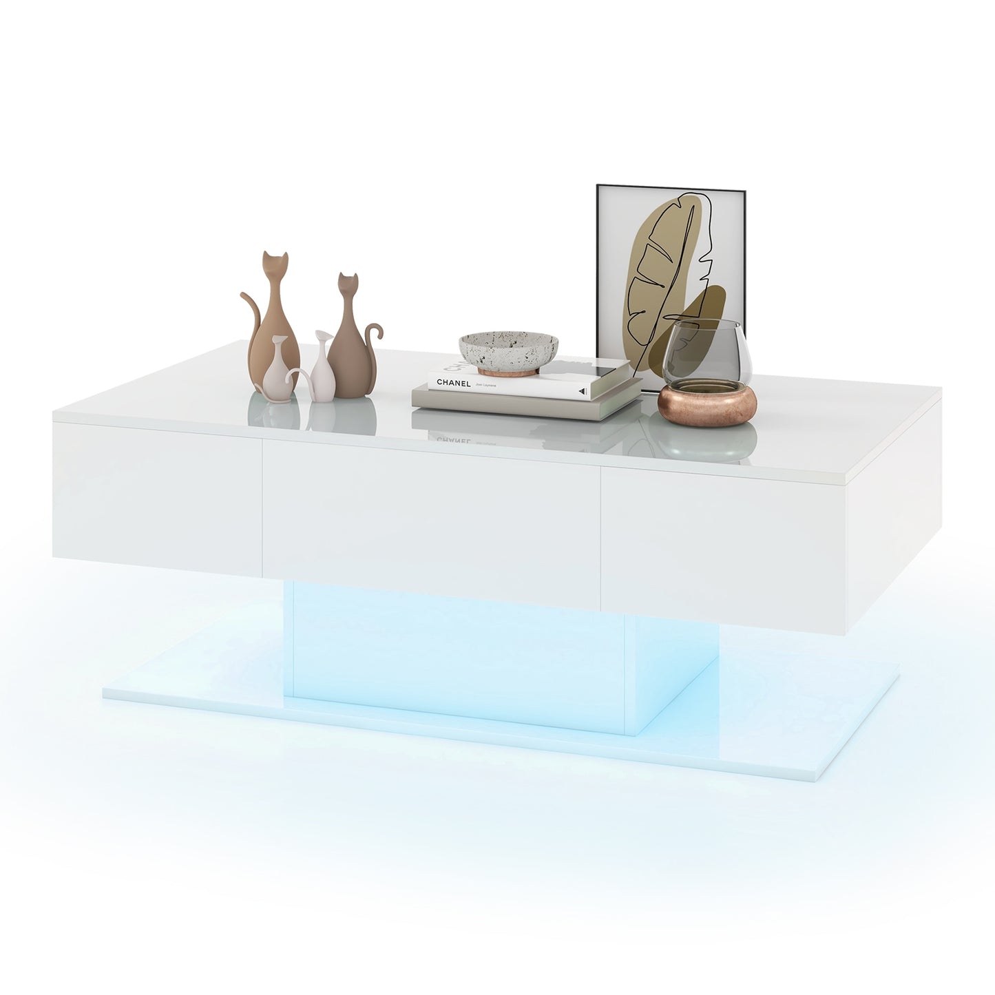 LED Coffee Table with 20 Color Light Modes, High Gloss Finish, 2 Storage Drawers and Open Shelf - White