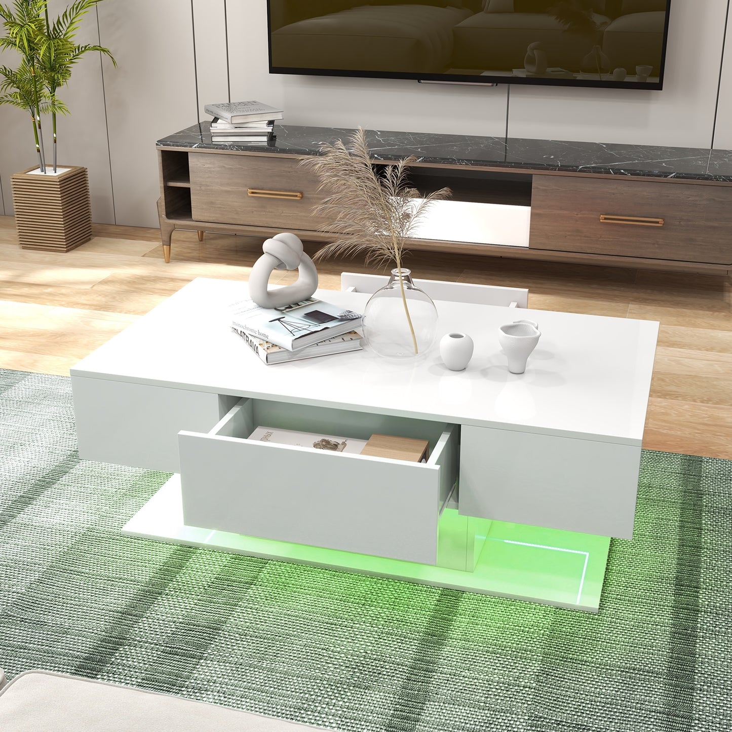 LED Coffee Table with 20 Color Light Modes, High Gloss Finish, 2 Storage Drawers and Open Shelf - White