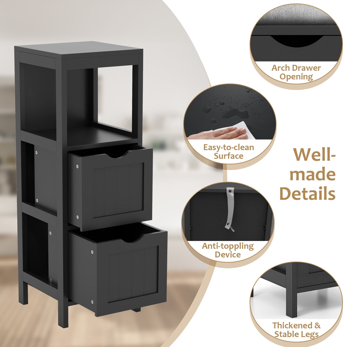 Freestanding Bathroom Storage Cabinet with 2 Removable Drawers & Open Shelf