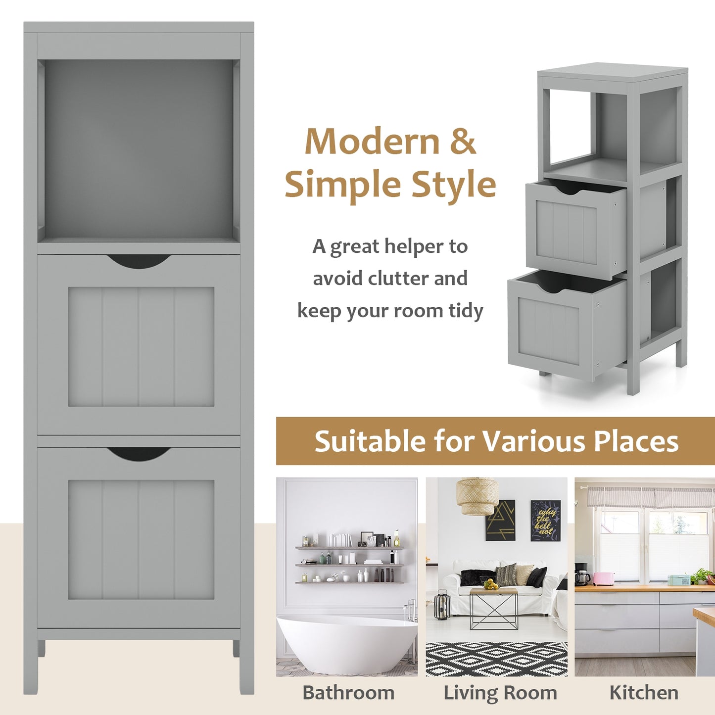 Freestanding Bathroom Storage Cabinet with 2 Removable Drawers & Open Shelf
