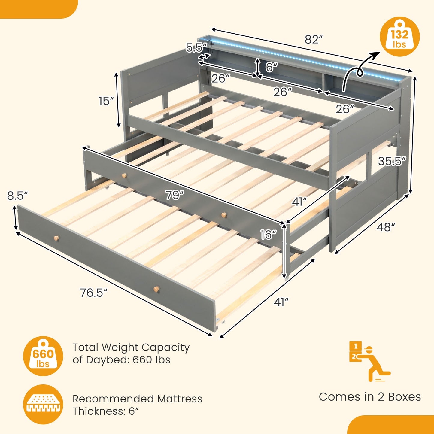 Twin XL Platform Daybed with Storage, Dual Trundles and App-Controlled LED Light