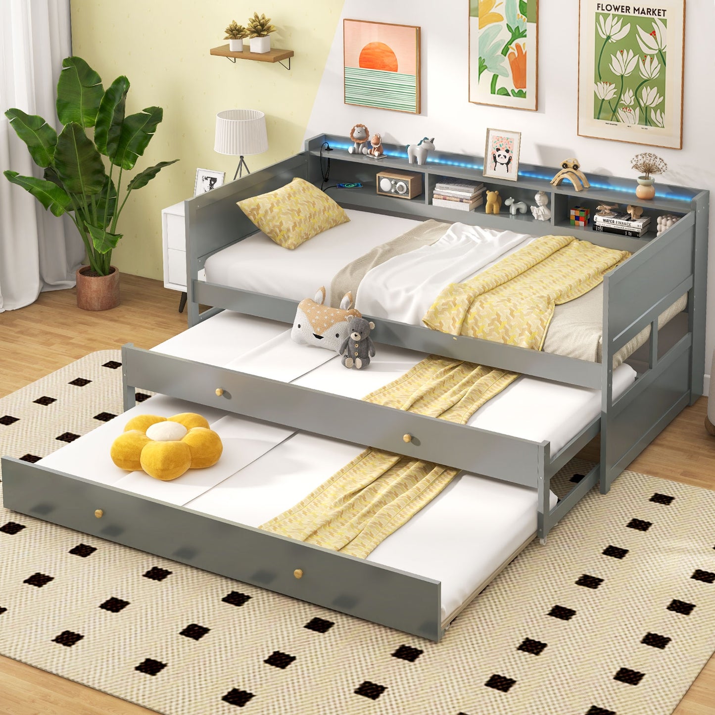 Twin XL Platform Daybed with Storage, Dual Trundles and App-Controlled LED Light