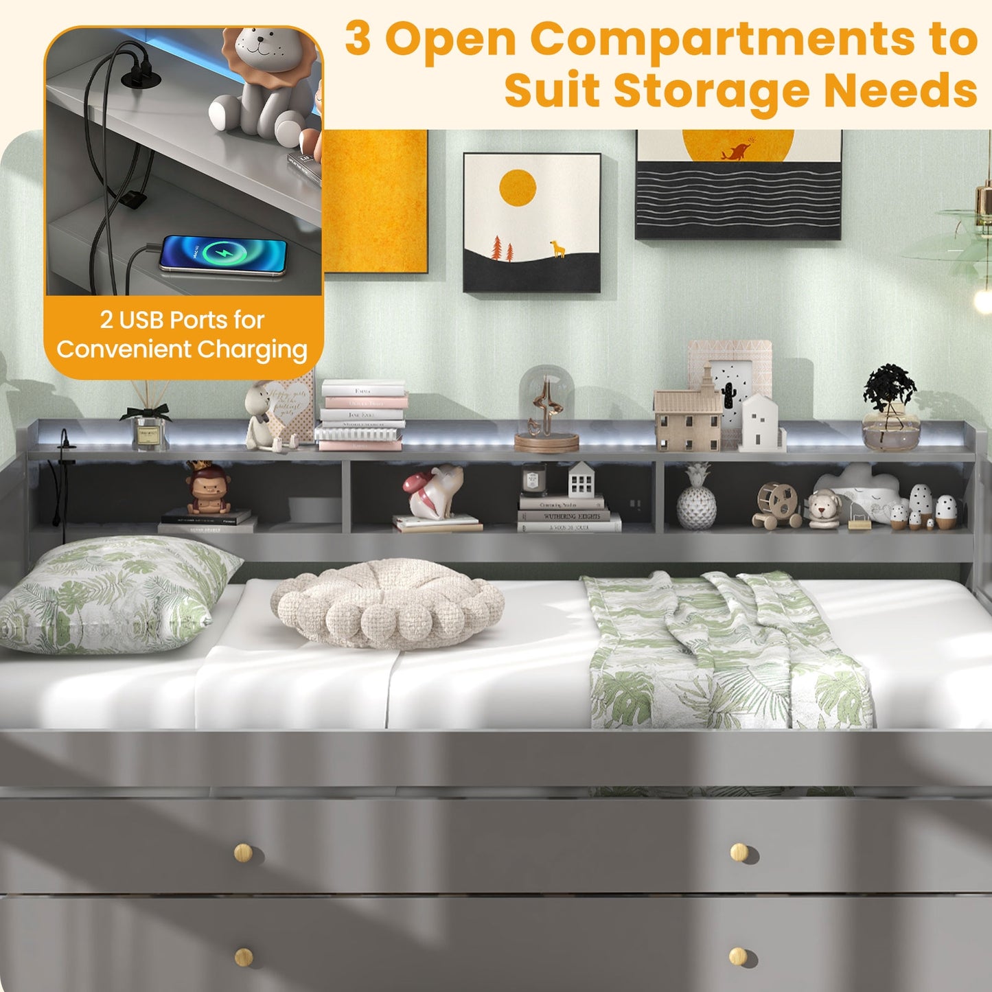 Twin XL Platform Daybed with Storage, Dual Trundles and App-Controlled LED Light