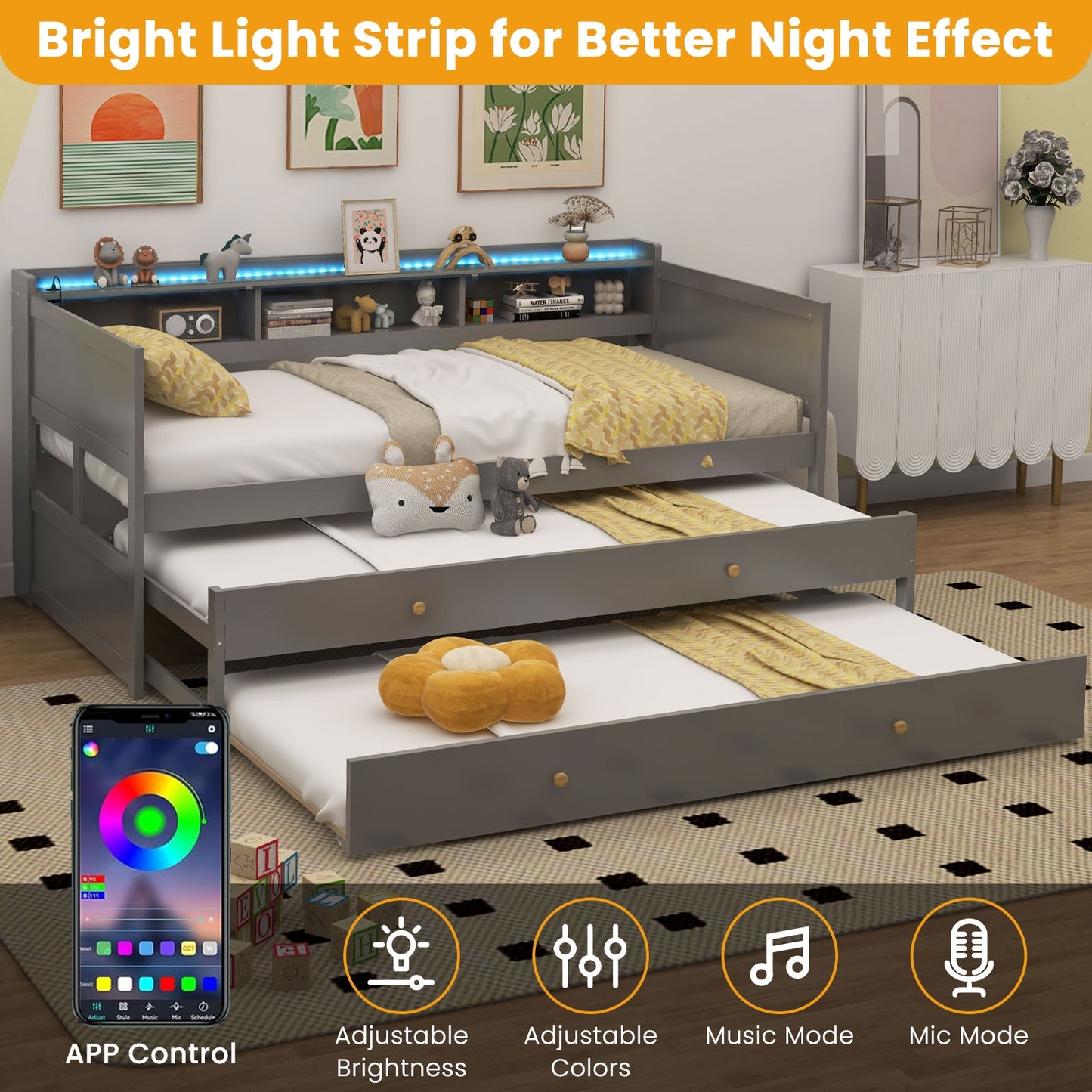 Twin XL Platform Daybed with Storage, Dual Trundles and App-Controlled LED Light