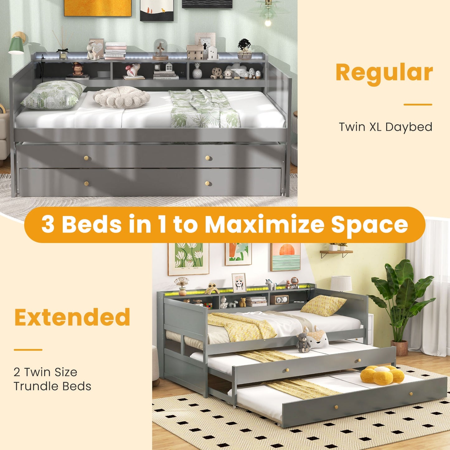 Twin XL Platform Daybed with Storage, Dual Trundles and App-Controlled LED Light