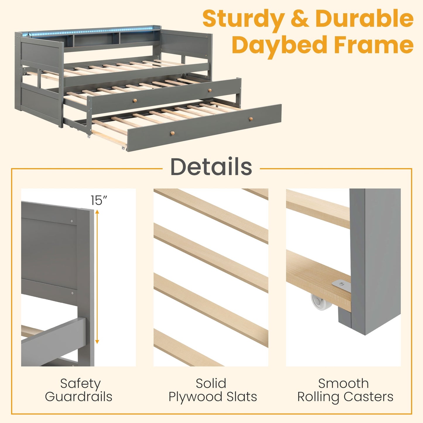 Twin XL Platform Daybed with Storage, Dual Trundles and App-Controlled LED Light