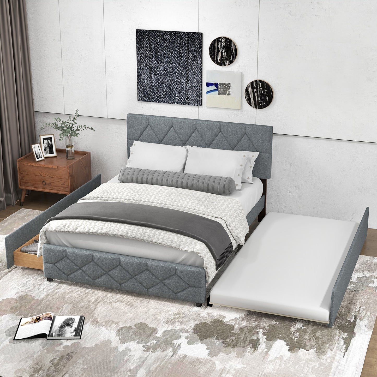 Elegant Queen Upholstered Platform Bed with Trundle and Storage Drawers