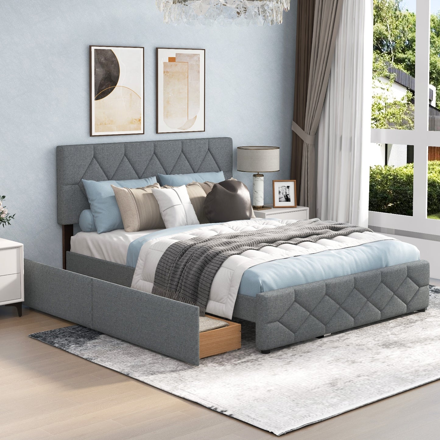Elegant Queen Upholstered Platform Bed with Trundle and Storage Drawers