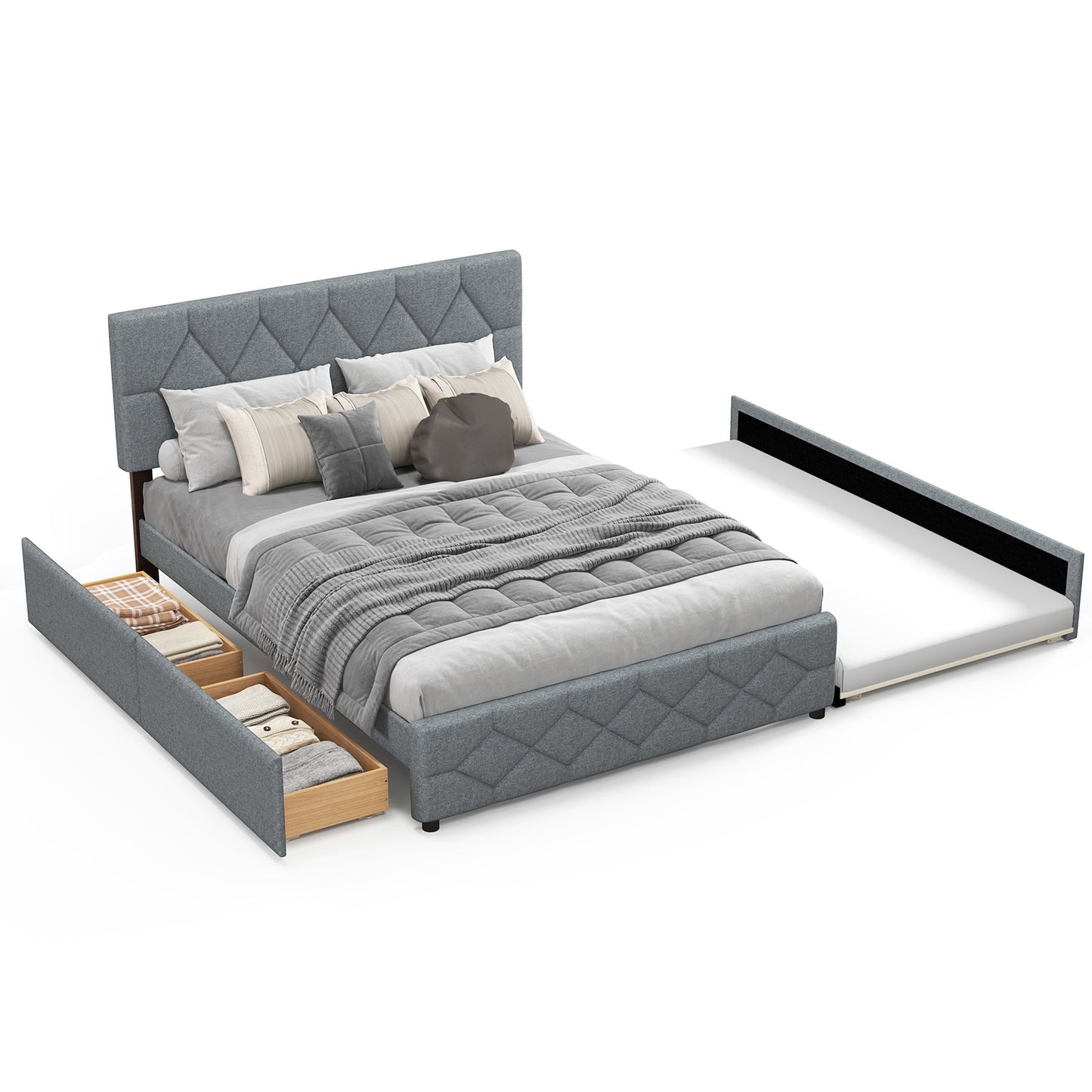 Elegant Queen Upholstered Platform Bed with Trundle and Storage Drawers