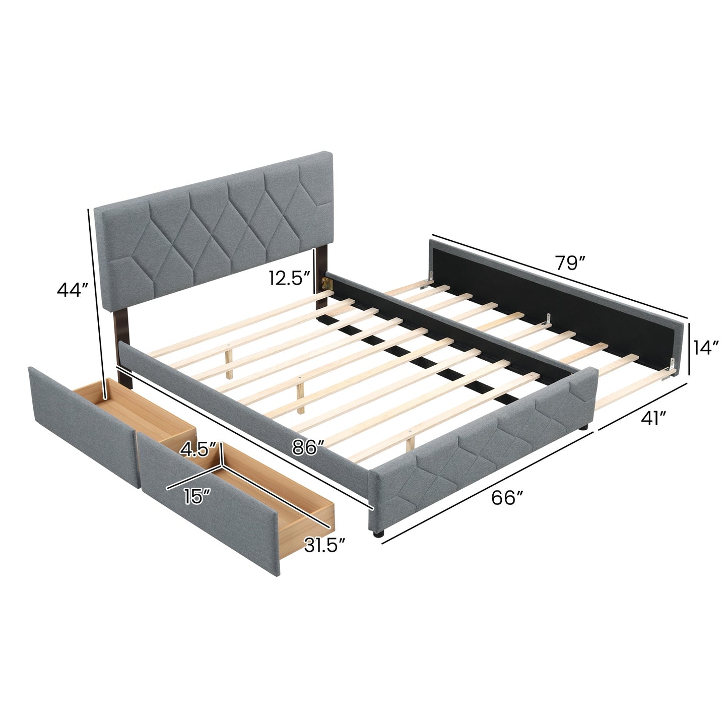 Elegant Queen Upholstered Platform Bed with Trundle and Storage Drawers