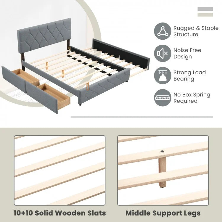 Elegant Queen Upholstered Platform Bed with Trundle and Storage Drawers