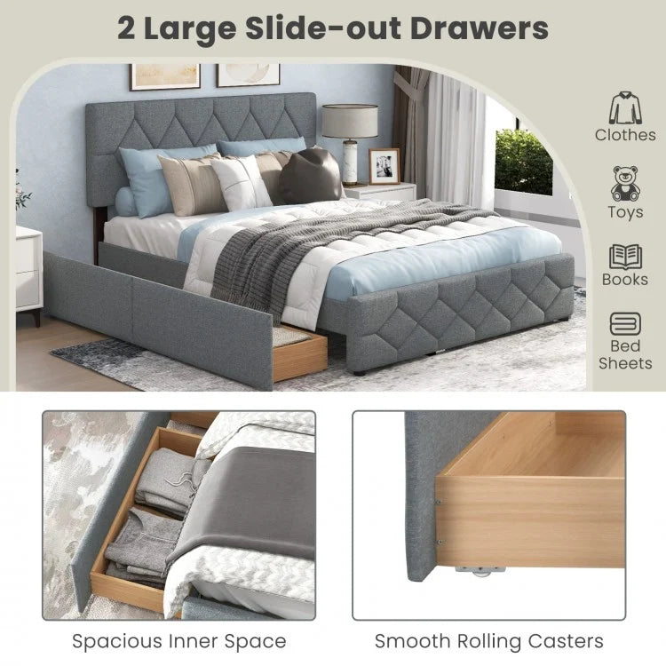 Elegant Queen Upholstered Platform Bed with Trundle and Storage Drawers