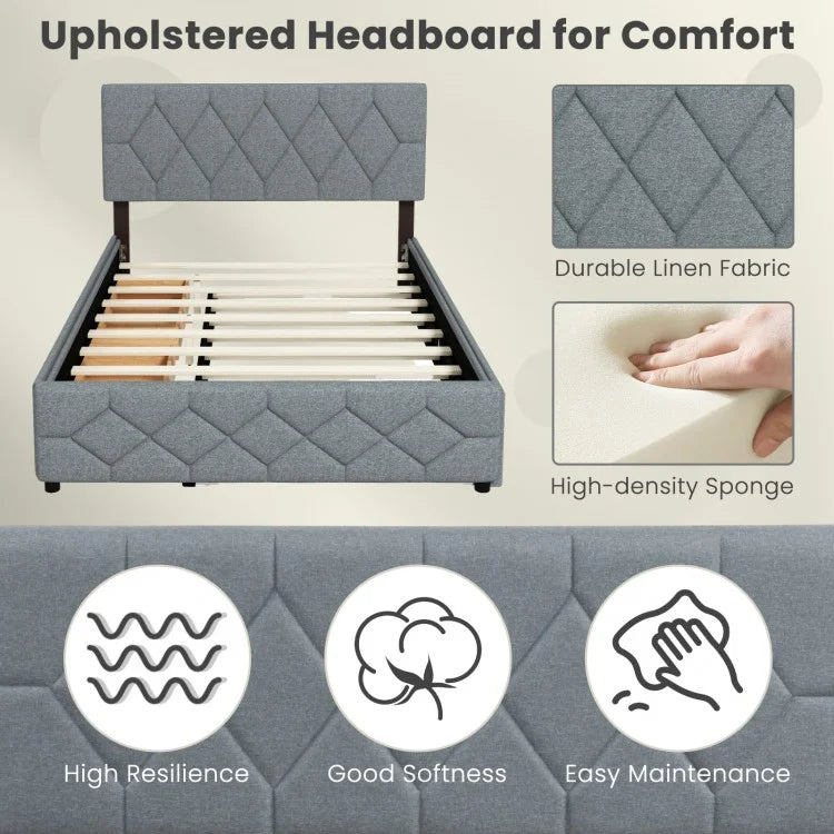 Elegant Queen Upholstered Platform Bed with Trundle and Storage Drawers