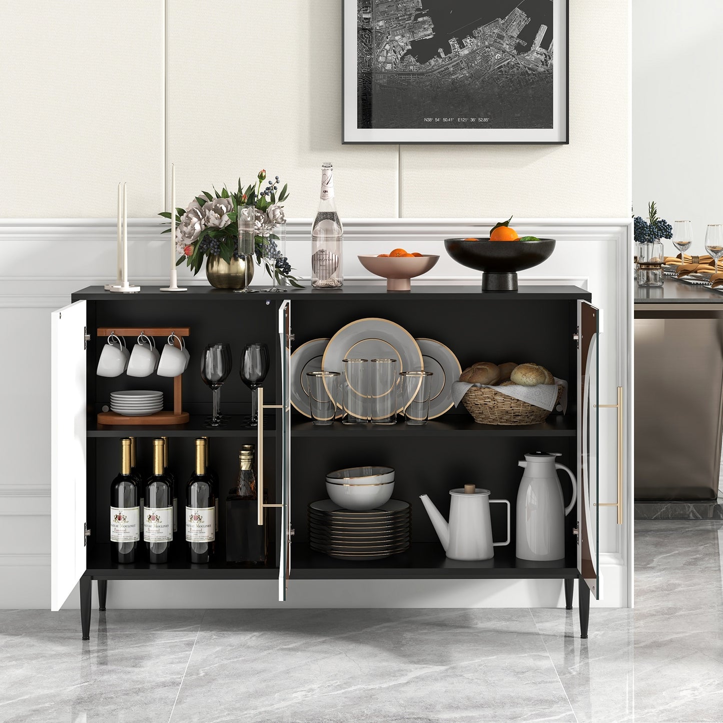 Elegant Sideboard Cabinet with Durable Tempered Glass and Adjustable Storage for Home and Kitchen