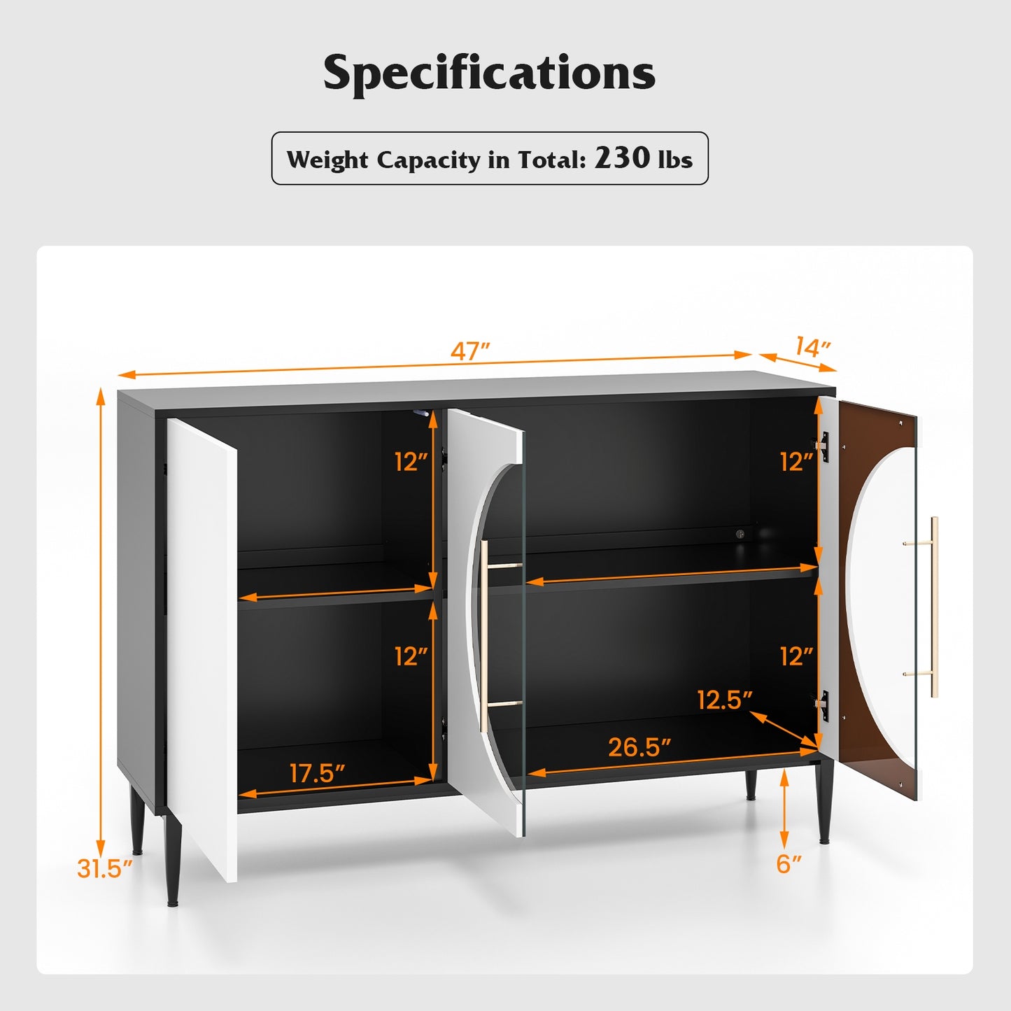 Elegant Sideboard Cabinet with Durable Tempered Glass and Adjustable Storage for Home and Kitchen