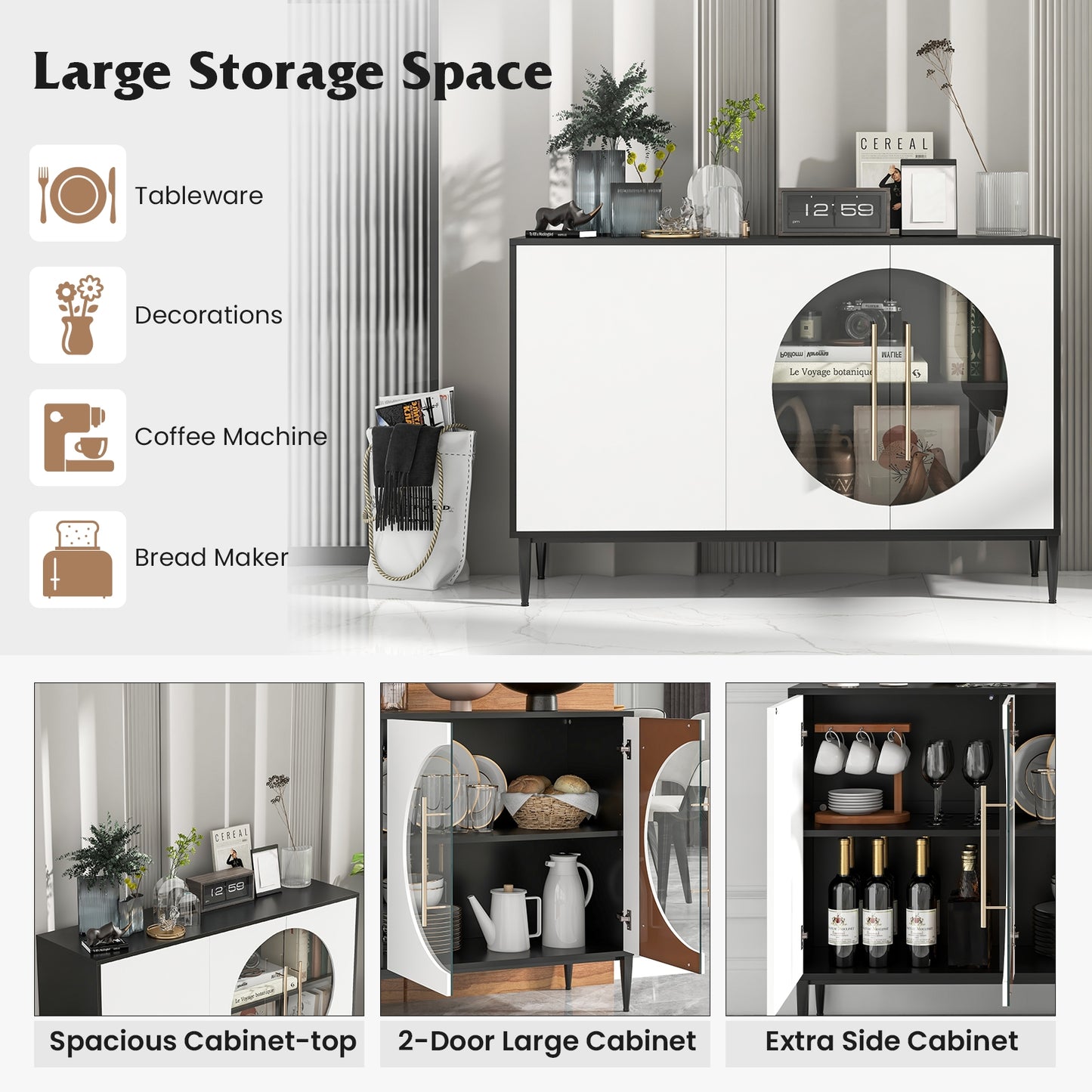 Elegant Sideboard Cabinet with Durable Tempered Glass and Adjustable Storage for Home and Kitchen