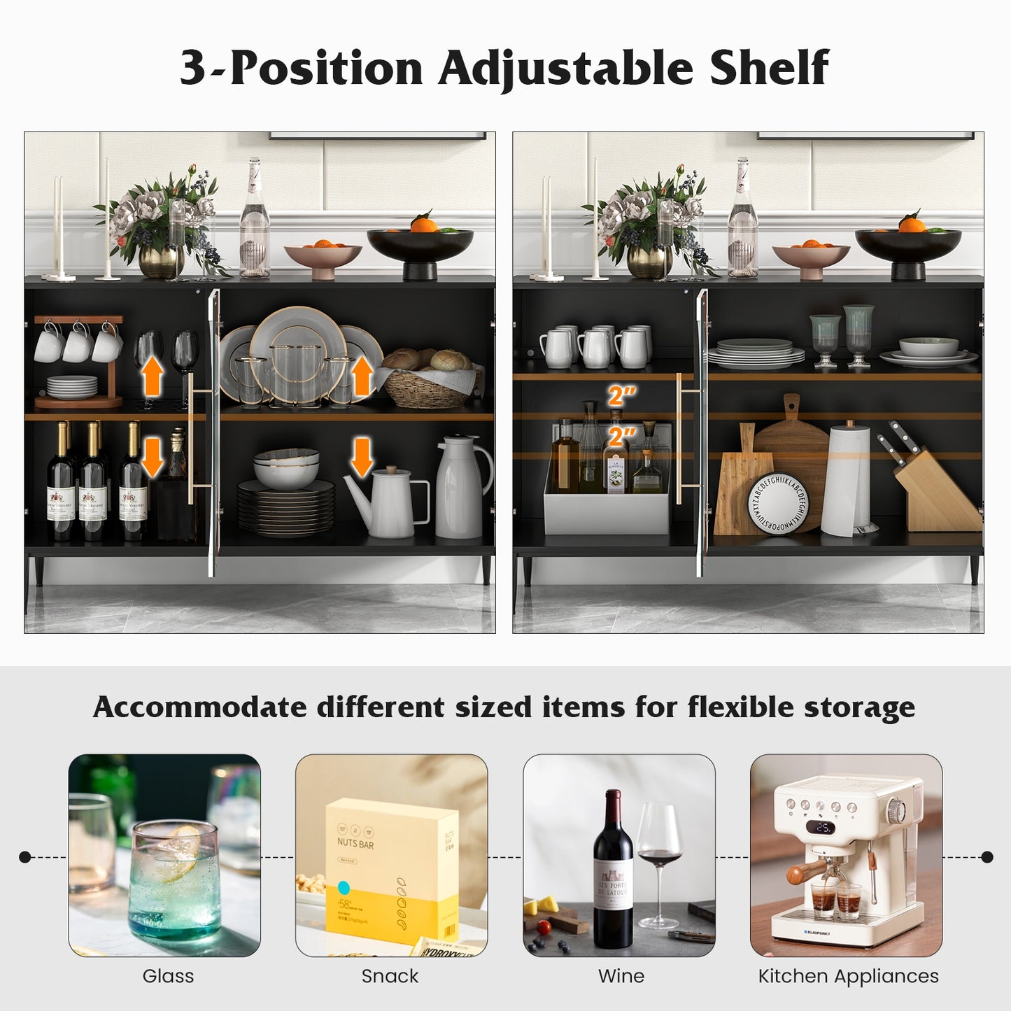 Elegant Sideboard Cabinet with Durable Tempered Glass and Adjustable Storage for Home and Kitchen