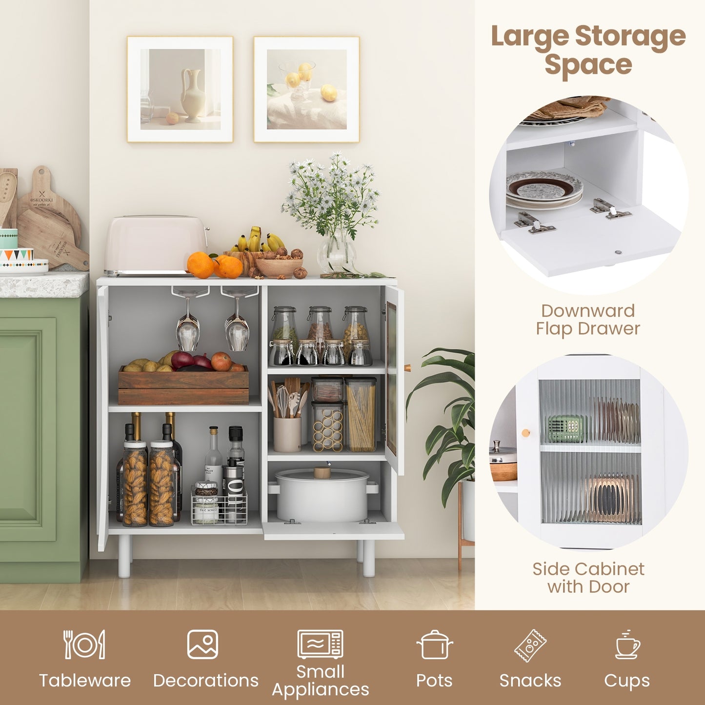 Modern Buffet Cabinet with Glass Door Wine Glass Rack and Storage Drawers for Dining or Living Room