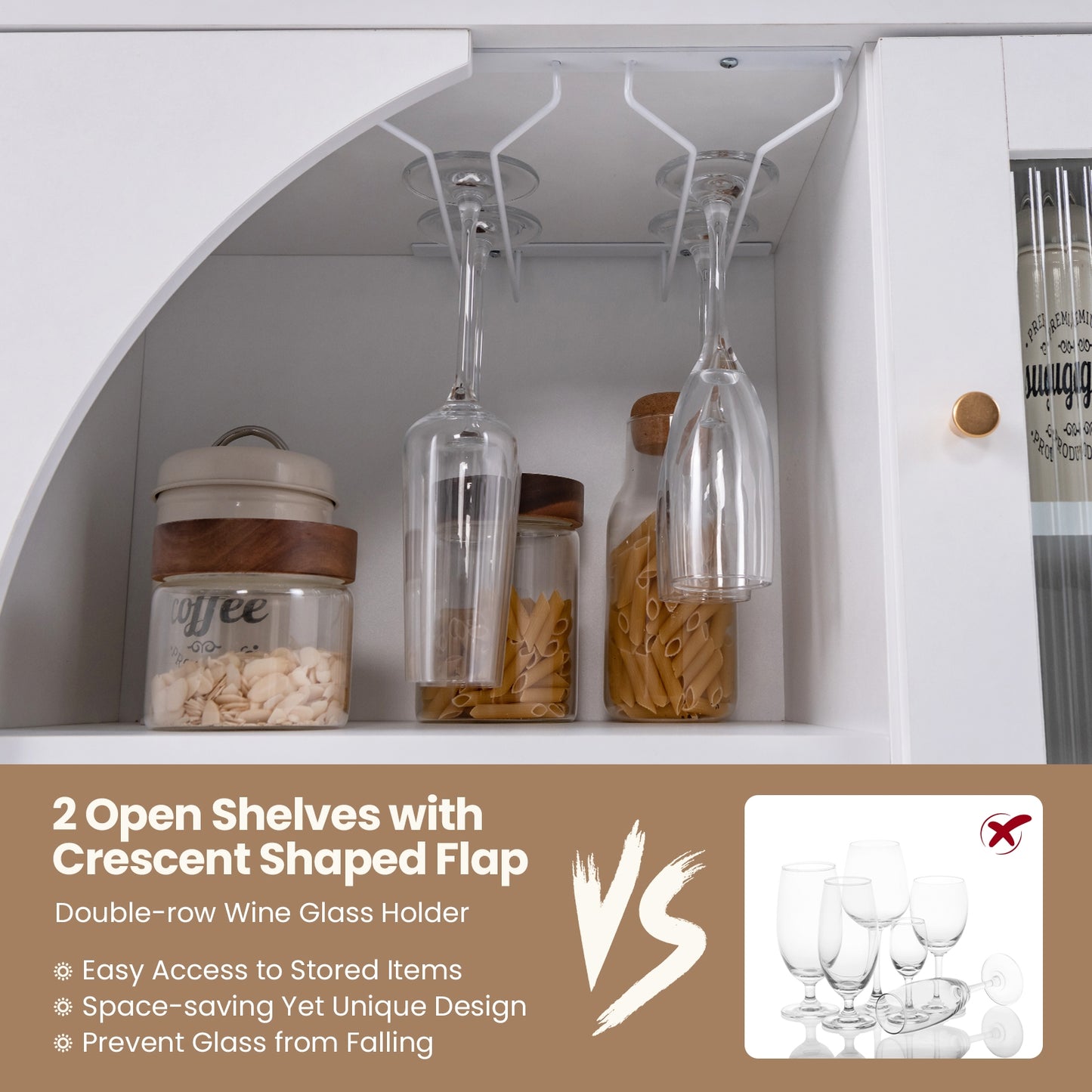 Modern Buffet Cabinet with Glass Door Wine Glass Rack and Storage Drawers for Dining or Living Room