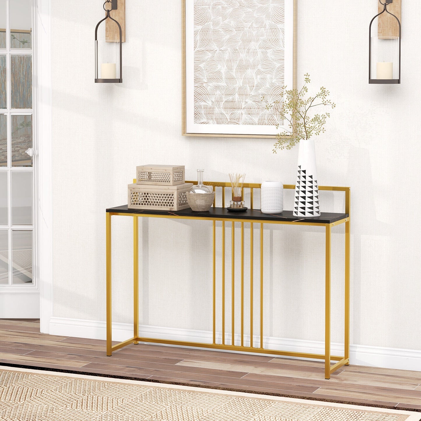 Slim Faux Marble Console Table with Gold Frame and Raised Edge - Black
