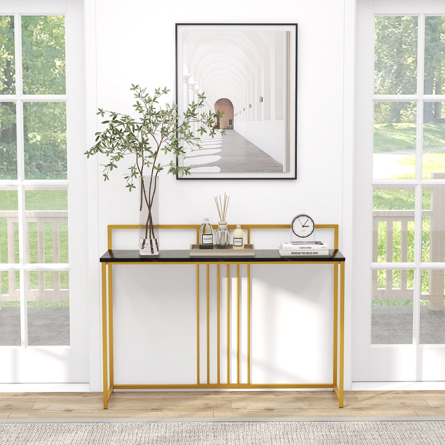 Slim Faux Marble Console Table with Gold Frame and Raised Edge - Black
