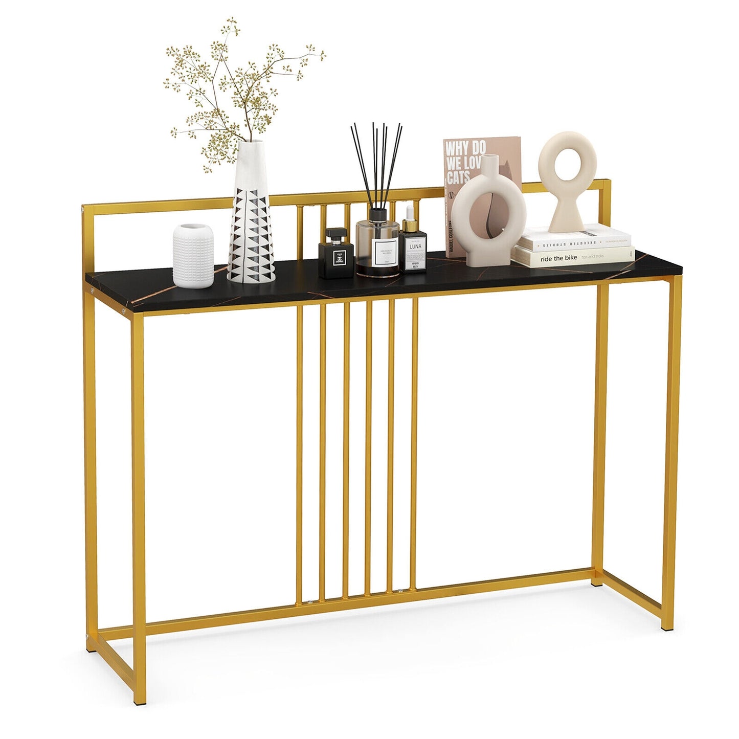 Slim Faux Marble Console Table with Gold Frame and Raised Edge - Black
