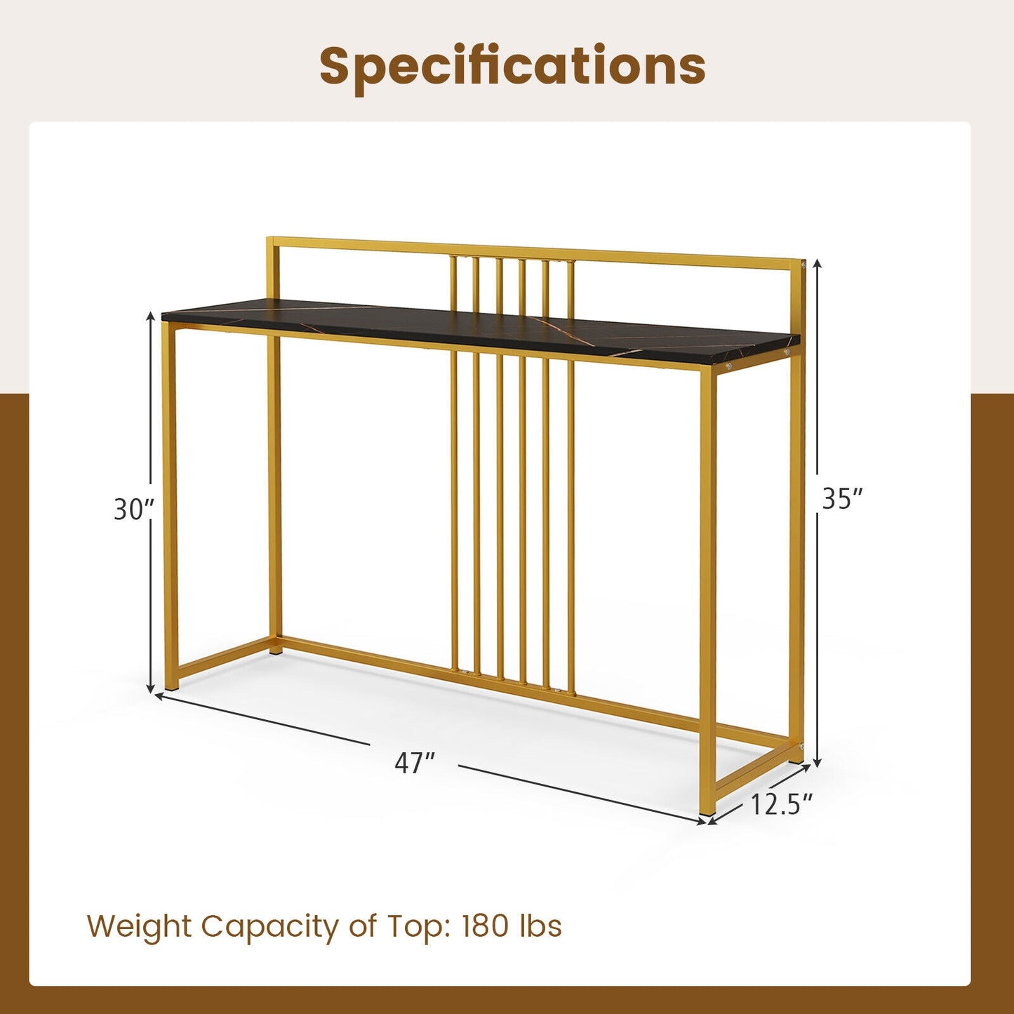 Slim Faux Marble Console Table with Gold Frame and Raised Edge - Black