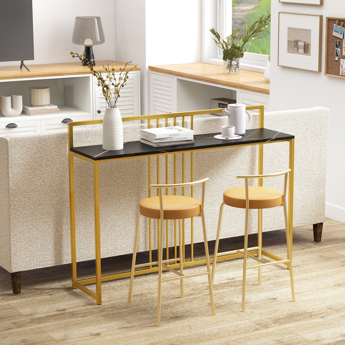 Slim Faux Marble Console Table with Gold Frame and Raised Edge - Black
