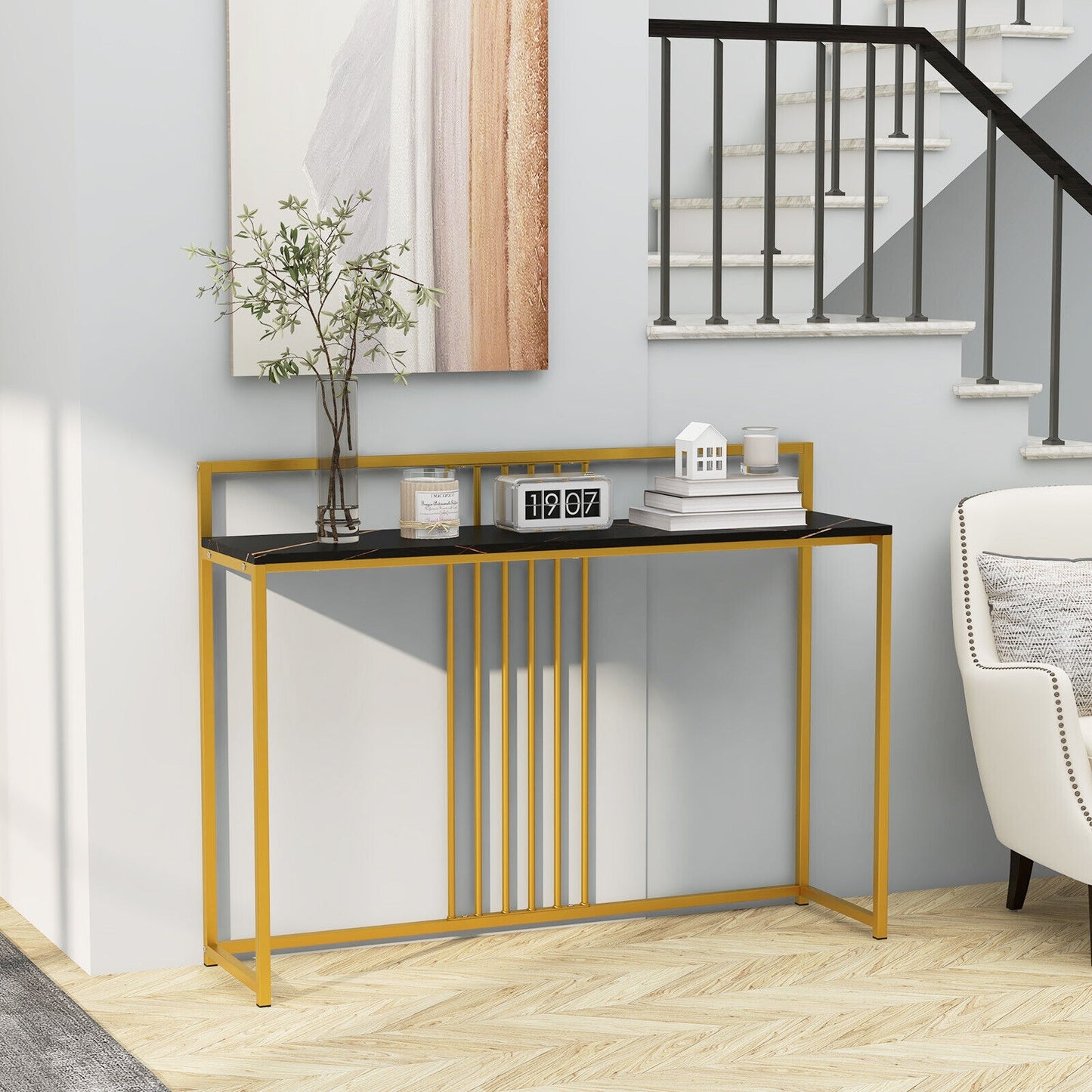 Slim Faux Marble Console Table with Gold Frame and Raised Edge - Black