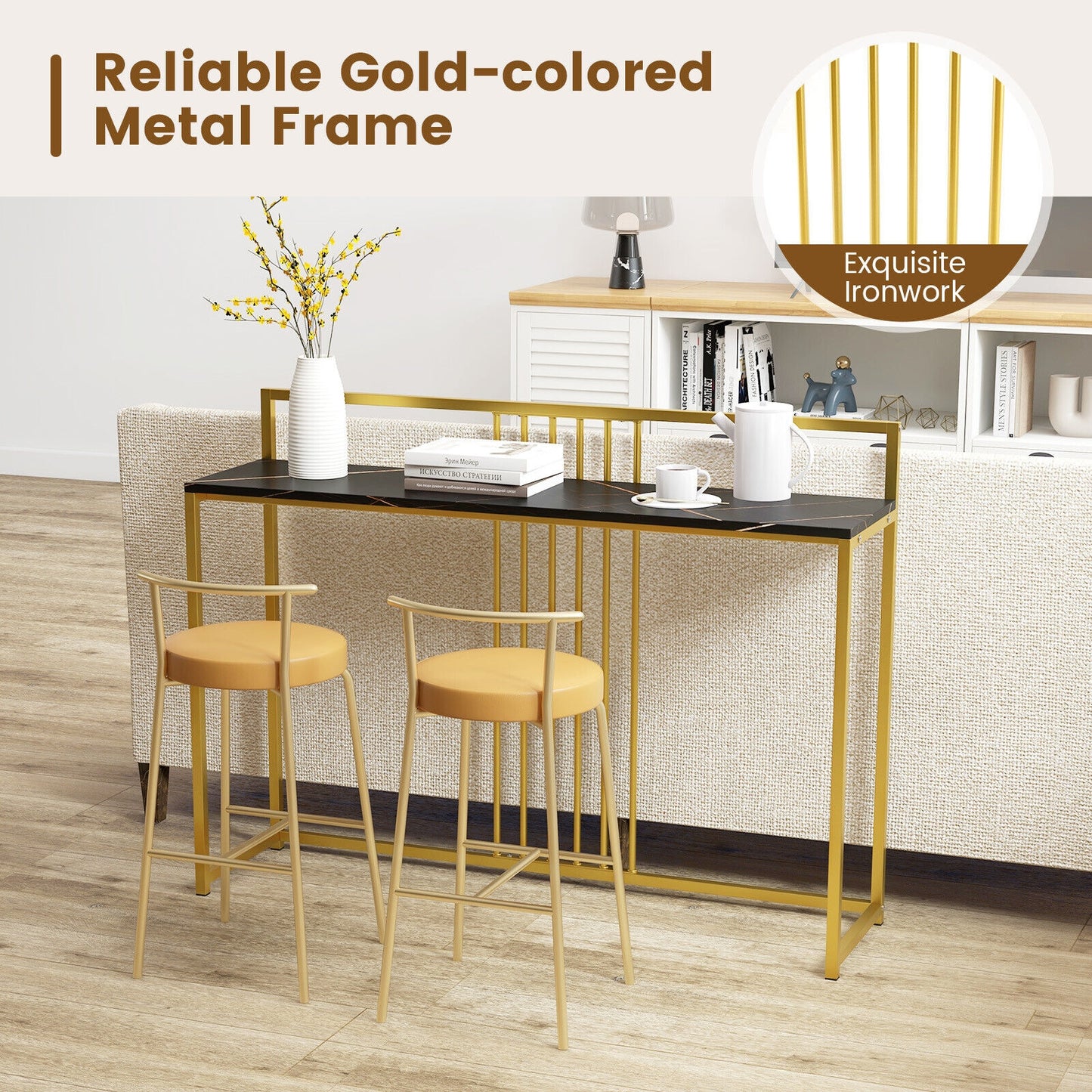 Slim Faux Marble Console Table with Gold Frame and Raised Edge - Black